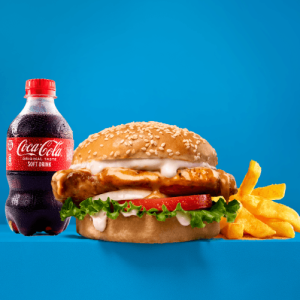 Chicken ⁠⁠Burger, Chips & 300ml Buddy Chicken Fillet, Tomato, Onion, Lettuce & Mayo With Chips And a 300ml Buddy