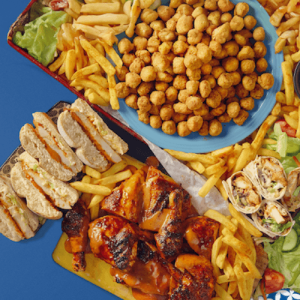 Kids Platter 1 Full Chicken, 10 Portions of Pedros Pops, 2 Large Wedges, 2 Slaw Wraps, 2 Kids Burgers & 2 Dips
